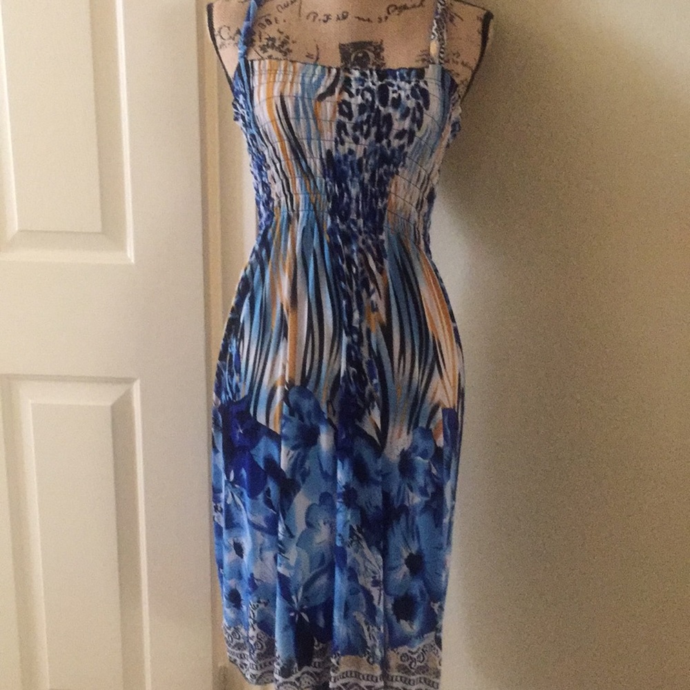 Blue Floral print flow midi dress